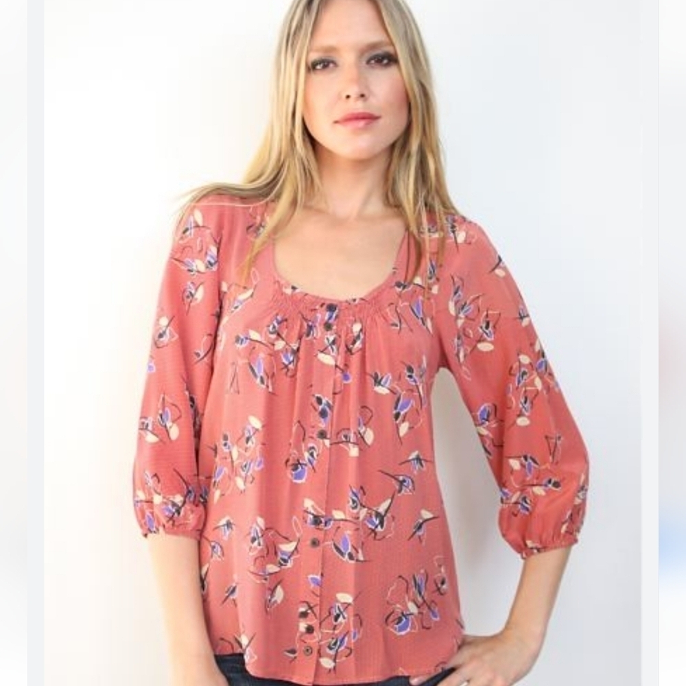 Yumi Kim x Anthropologie Boho Floral 100% Silk Peasant Blouse Size M